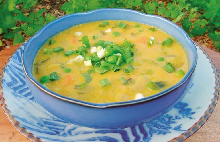 Creamy Thai soup with chives on top